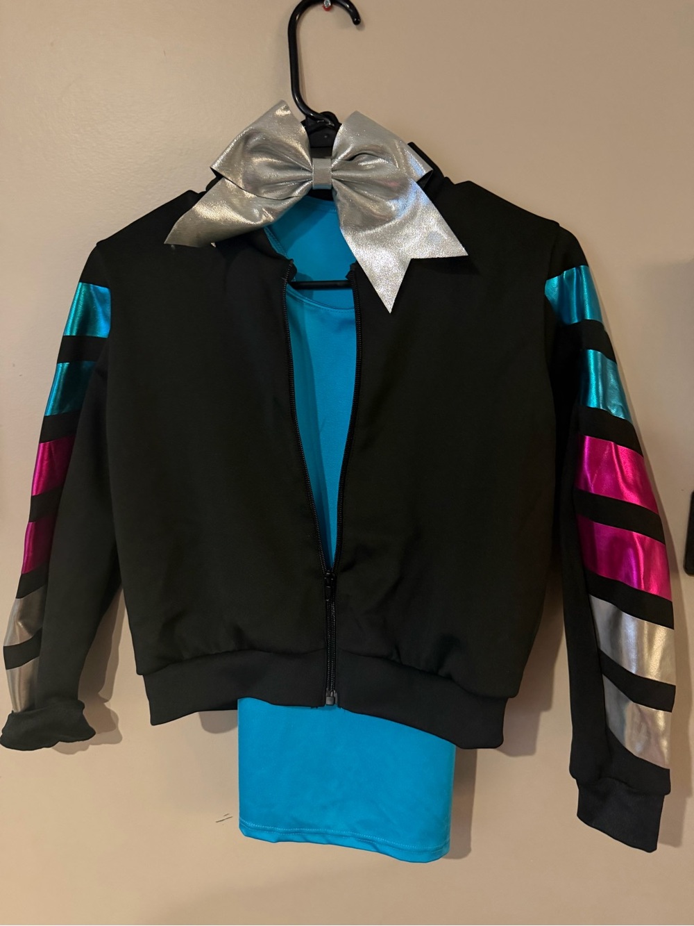 Weissman Black Bomber Jacket with Teal, Magenta & Silver Stripes